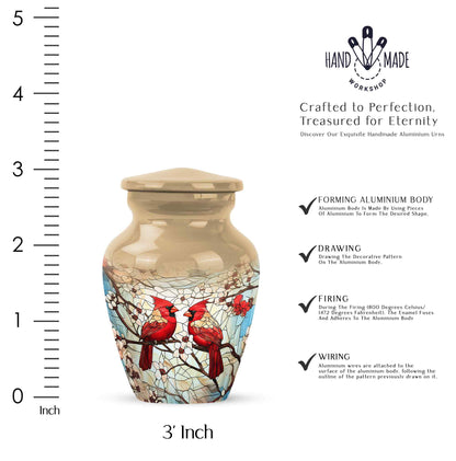 Matte Gold Cardinal Cremation Urn close-up of engraving and surface detail - traditional cardinal engraving with hand-polished finish - mini keepsake memorial for portion of cremation ashes