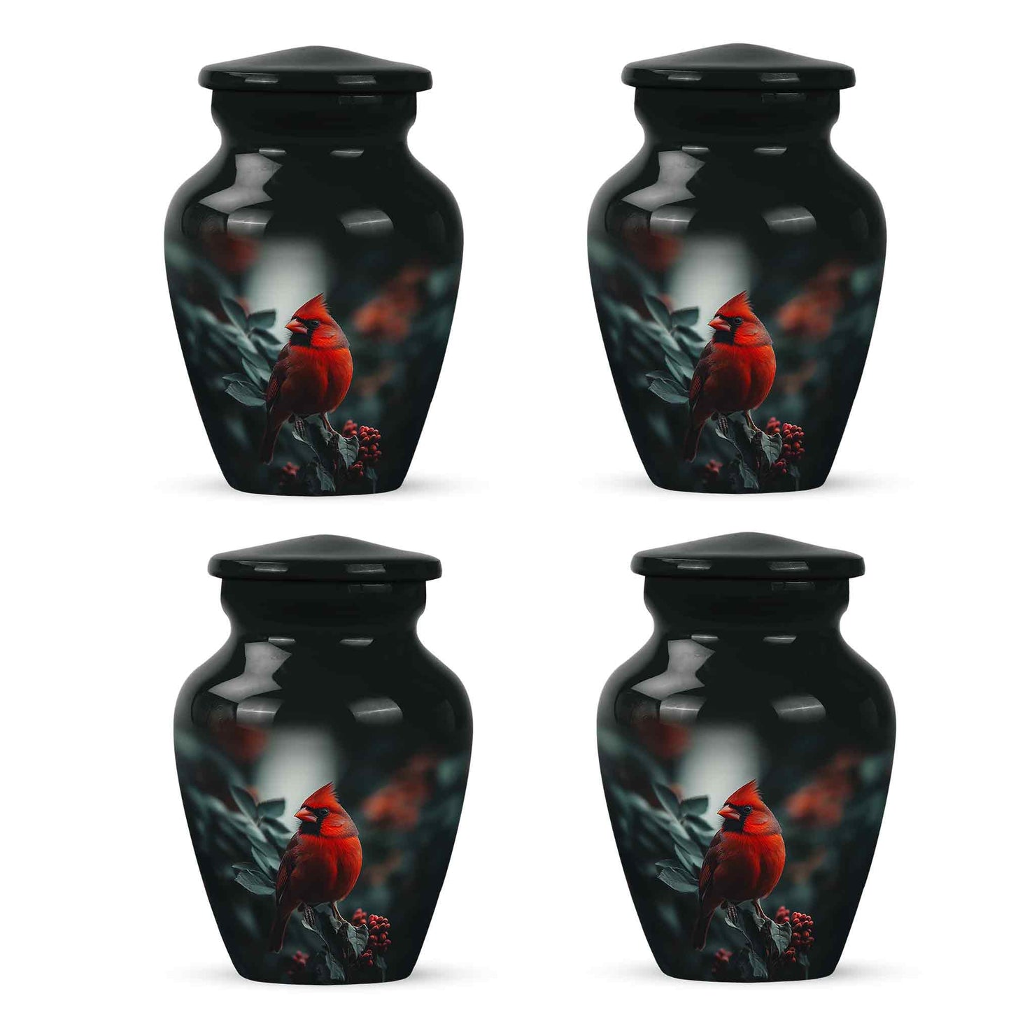 Jet Black Cardinal Cremation Urn side profile showing urn shape - timeless cardinal motif etched into premium metal - 10 inch aluminum urn for cremated remains