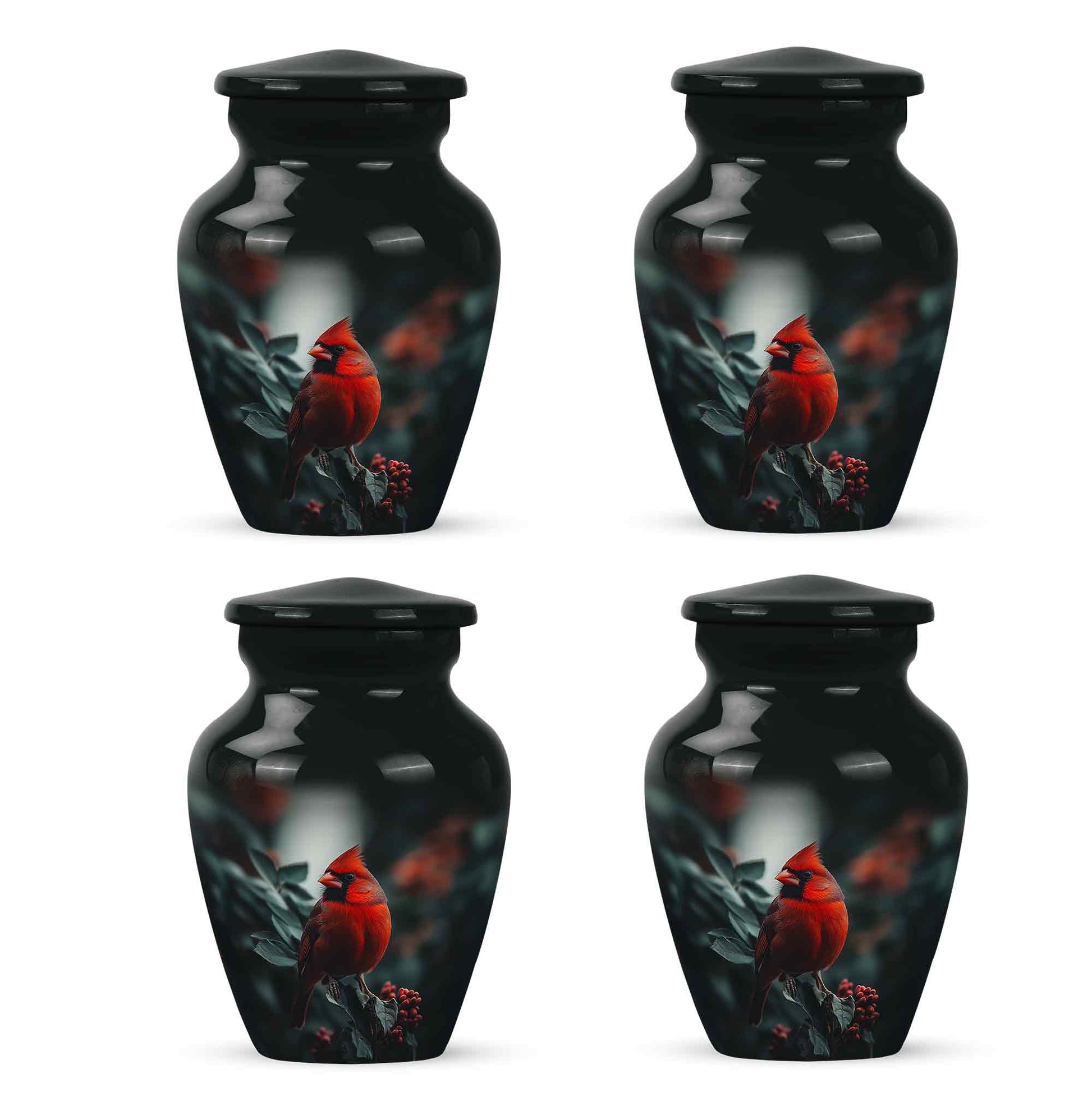 Jet Black Cardinal Cremation Urn side profile showing urn shape - timeless cardinal motif etched into premium metal - 10 inch aluminum urn for cremated remains