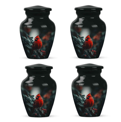 Jet Black Cardinal Cremation Urn side profile showing urn shape - timeless cardinal motif etched into premium metal - 10 inch aluminum urn for cremated remains