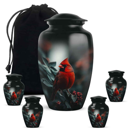Charcoal Black Cardinal Cremation Urn top-down view of secure threaded lid - elegant classic cardinal relief with fine detailing - memorial set with one large and four small urns