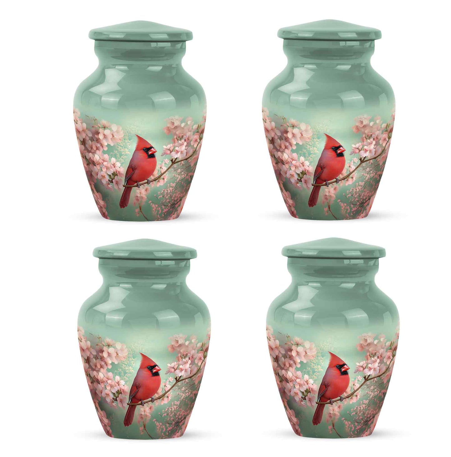 Pine Green Cardinal Cremation Urn side profile showing urn shape - traditional cardinal engraving with hand-polished finish - 10 inch aluminum urn for cremated remains