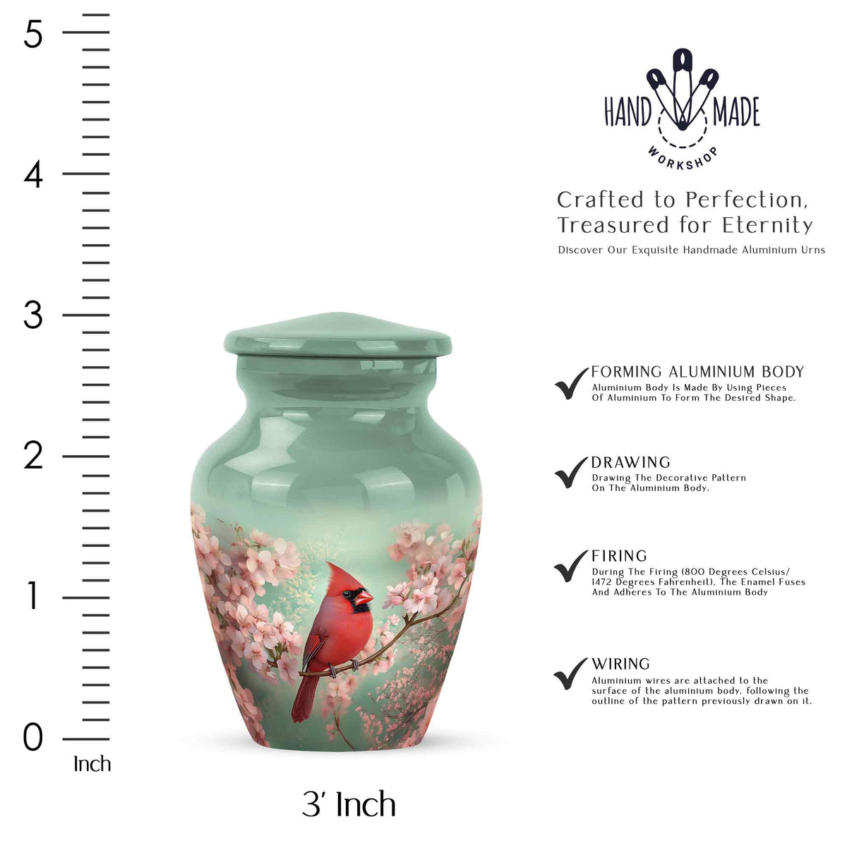 Pine Green Cardinal Cremation Urn close-up of engraving and surface detail - elegant classic cardinal relief with fine detailing - mini keepsake memorial for portion of cremation ashes