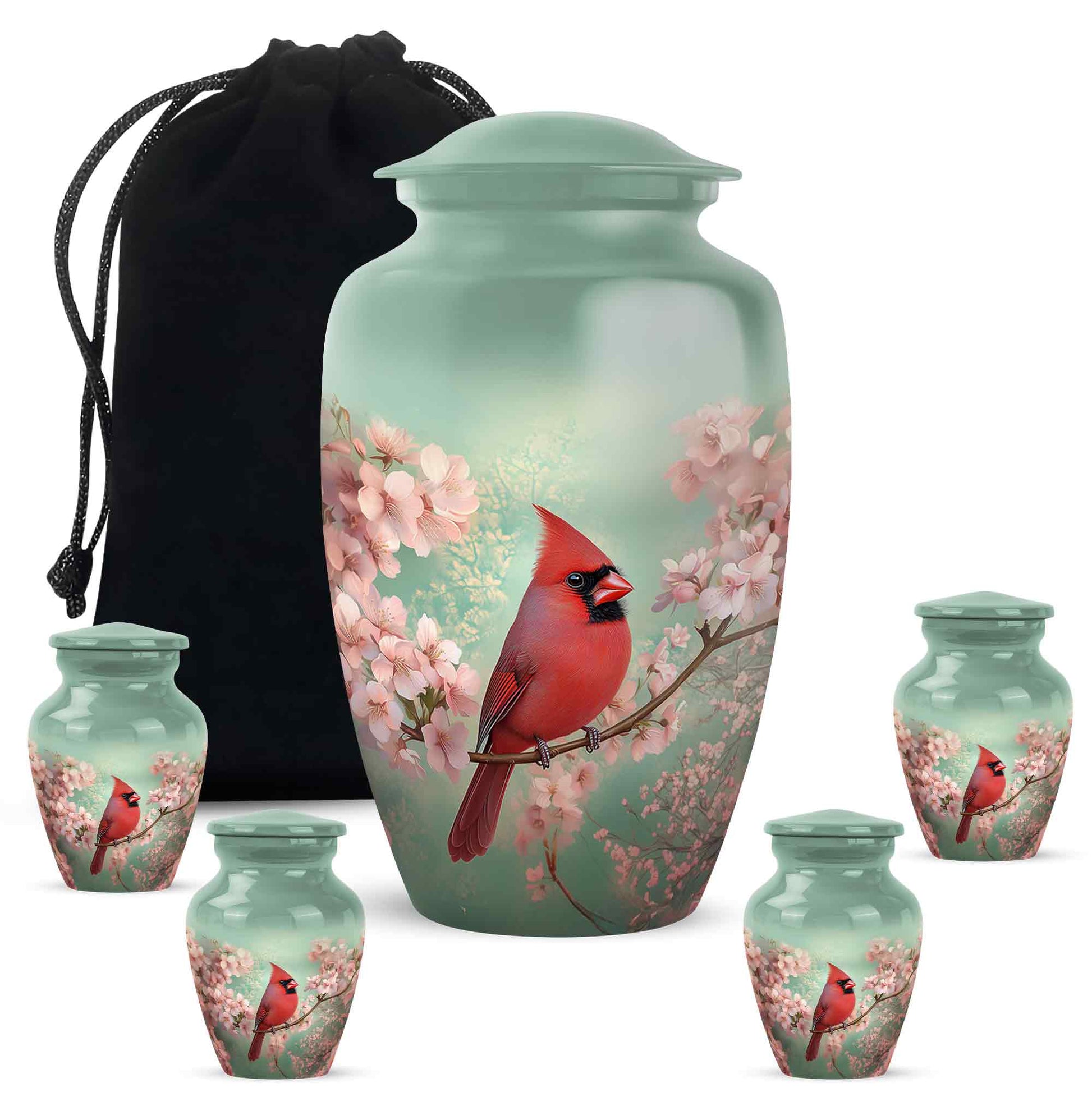 Jade Green Cardinal Cremation Urn top-down view of secure threaded lid - classic sculpted cardinal pattern on smooth aluminum - memorial set with one large and four small urns