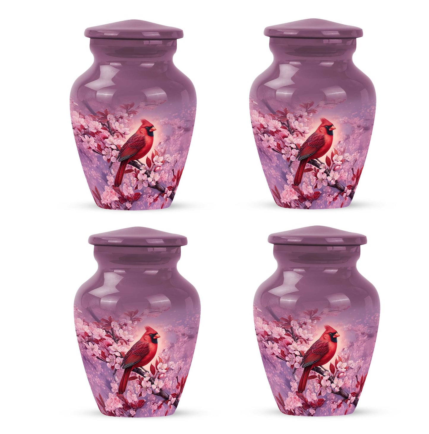 Petal Pink Cardinal Cremation Urn side profile showing urn shape - traditional cardinal engraving with hand-polished finish - 10 inch aluminum urn for cremated remains