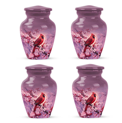 Petal Pink Cardinal Cremation Urn side profile showing urn shape - traditional cardinal engraving with hand-polished finish - 10 inch aluminum urn for cremated remains
