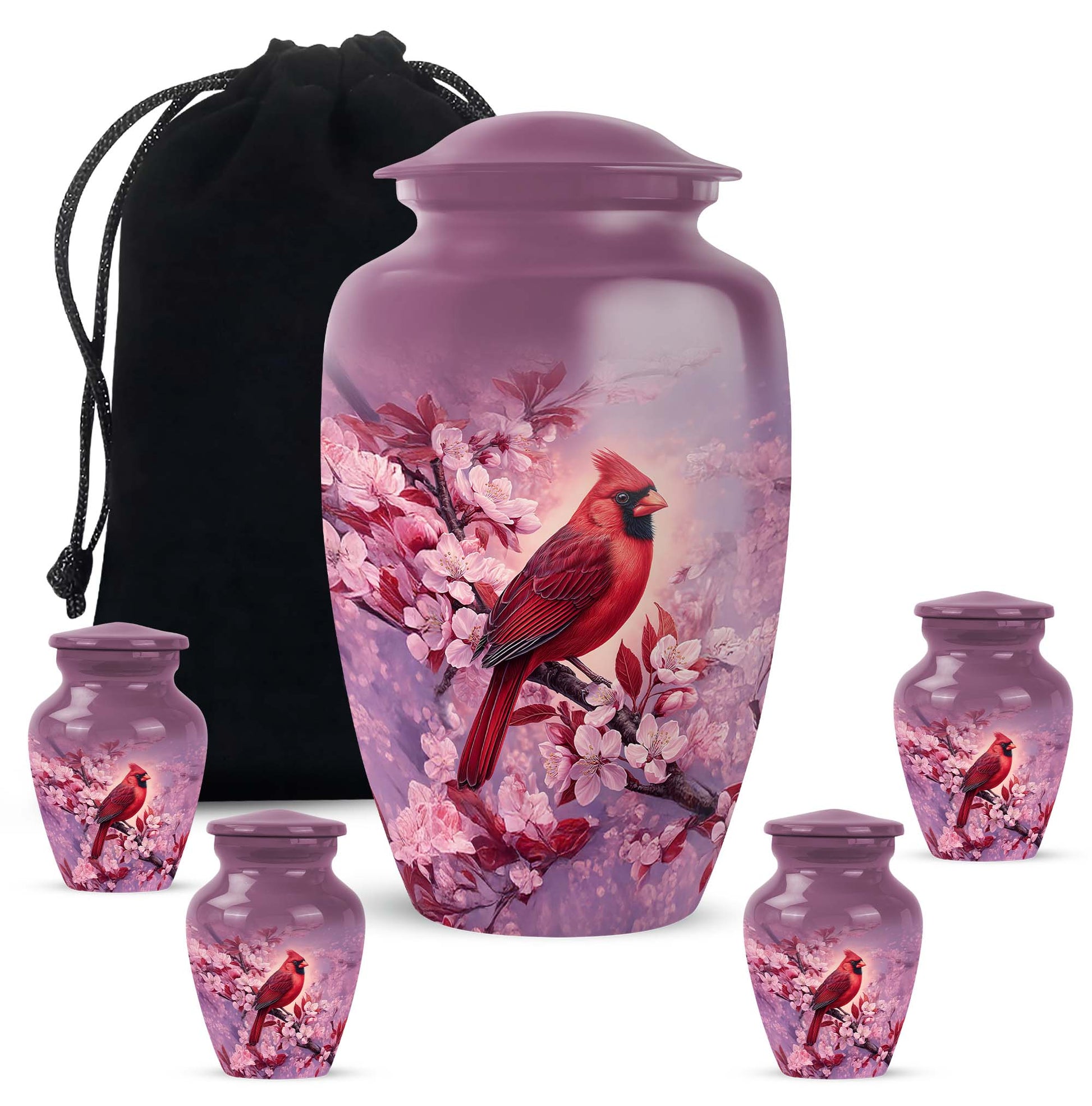 Soft Pink Cardinal Cremation Urn top-down view of secure threaded lid - elegant classic cardinal relief with fine detailing - memorial set with one large and four small urns