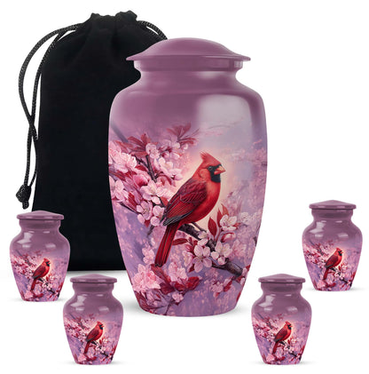 Soft Pink Cardinal Cremation Urn top-down view of secure threaded lid - elegant classic cardinal relief with fine detailing - memorial set with one large and four small urns