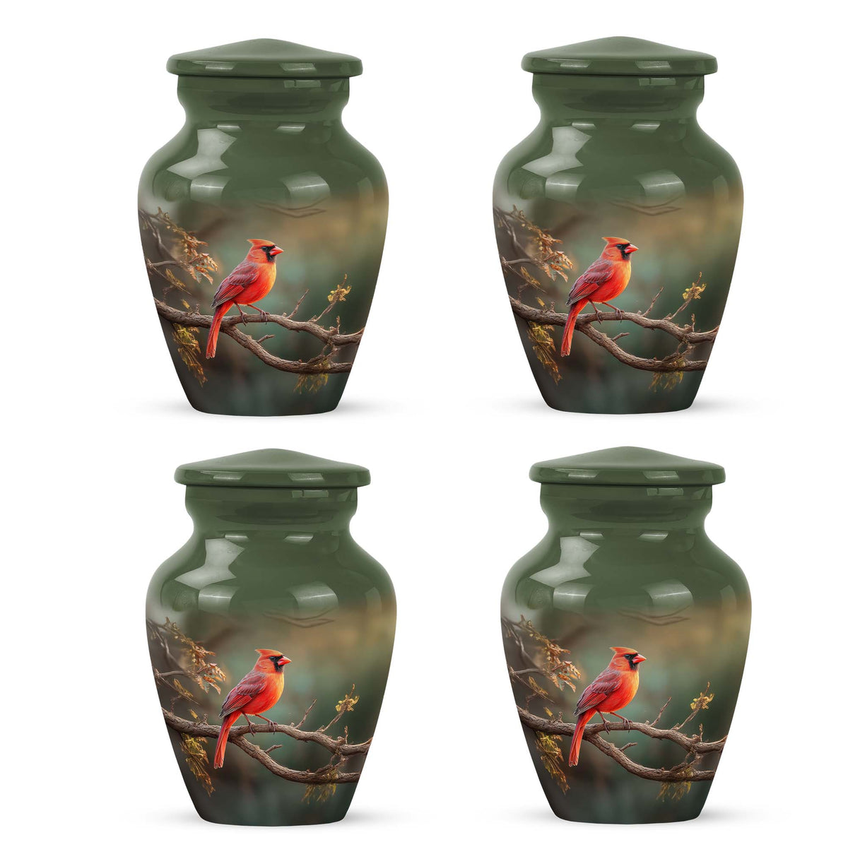 Forest Green Cardinal Cremation Urn side profile showing urn shape - traditional cardinal engraving with hand-polished finish - 10 inch aluminum urn for cremated remains