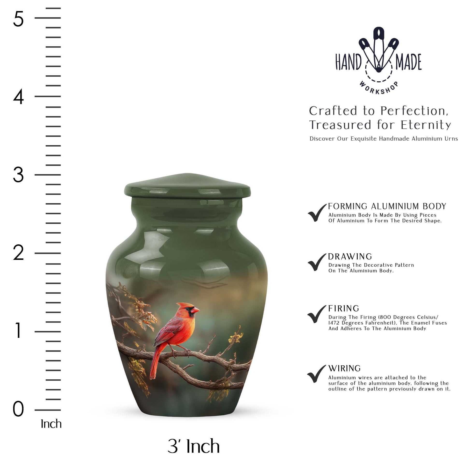Mint Green Cardinal Cremation Urn close-up of engraving and surface detail - traditional cardinal engraving with hand-polished finish - mini keepsake memorial for portion of cremation ashes