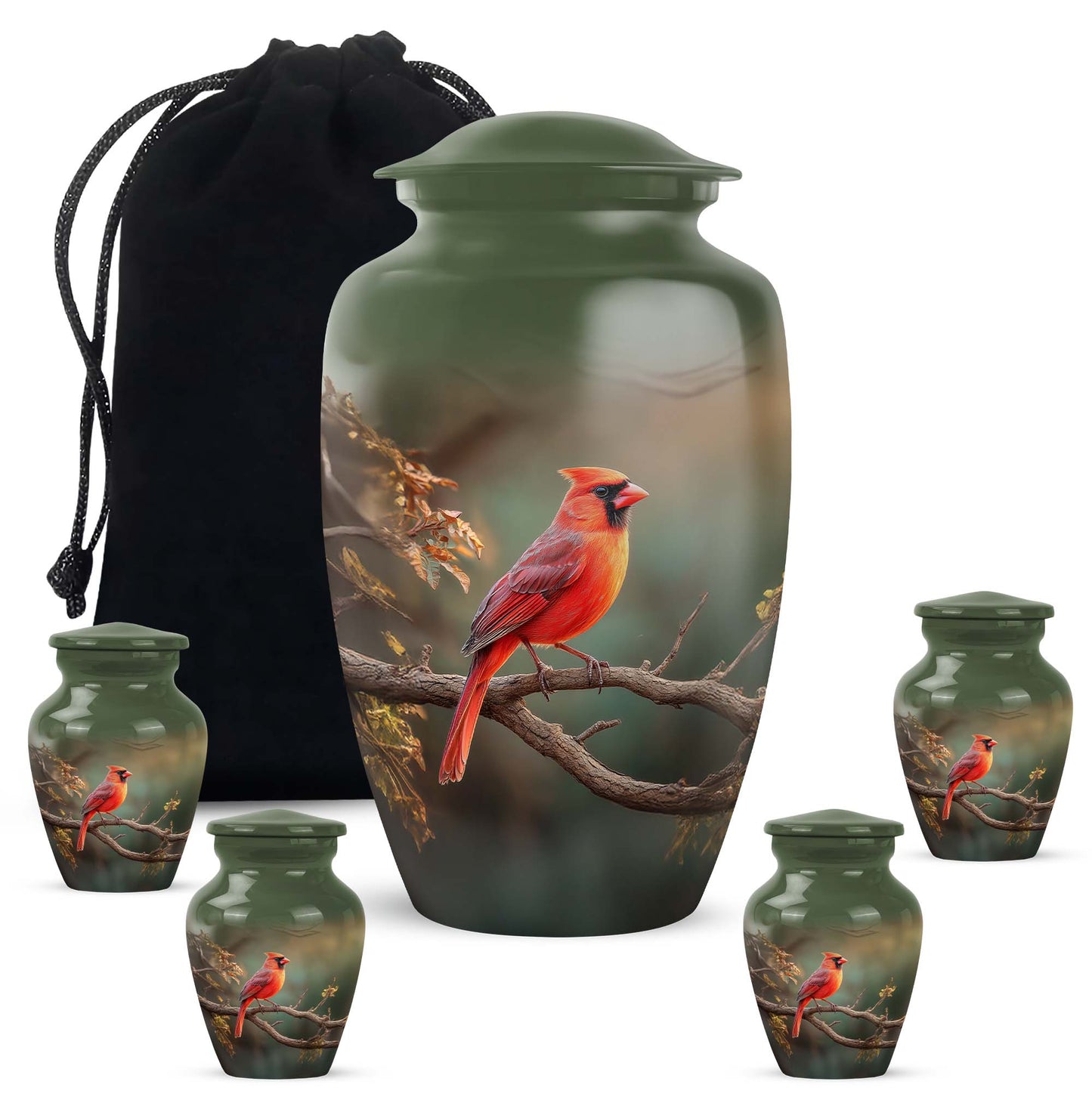 Forest Green Cardinal Cremation Urn top-down view of secure threaded lid - traditional cardinal engraving with hand-polished finish - memorial set with one large and four small urns