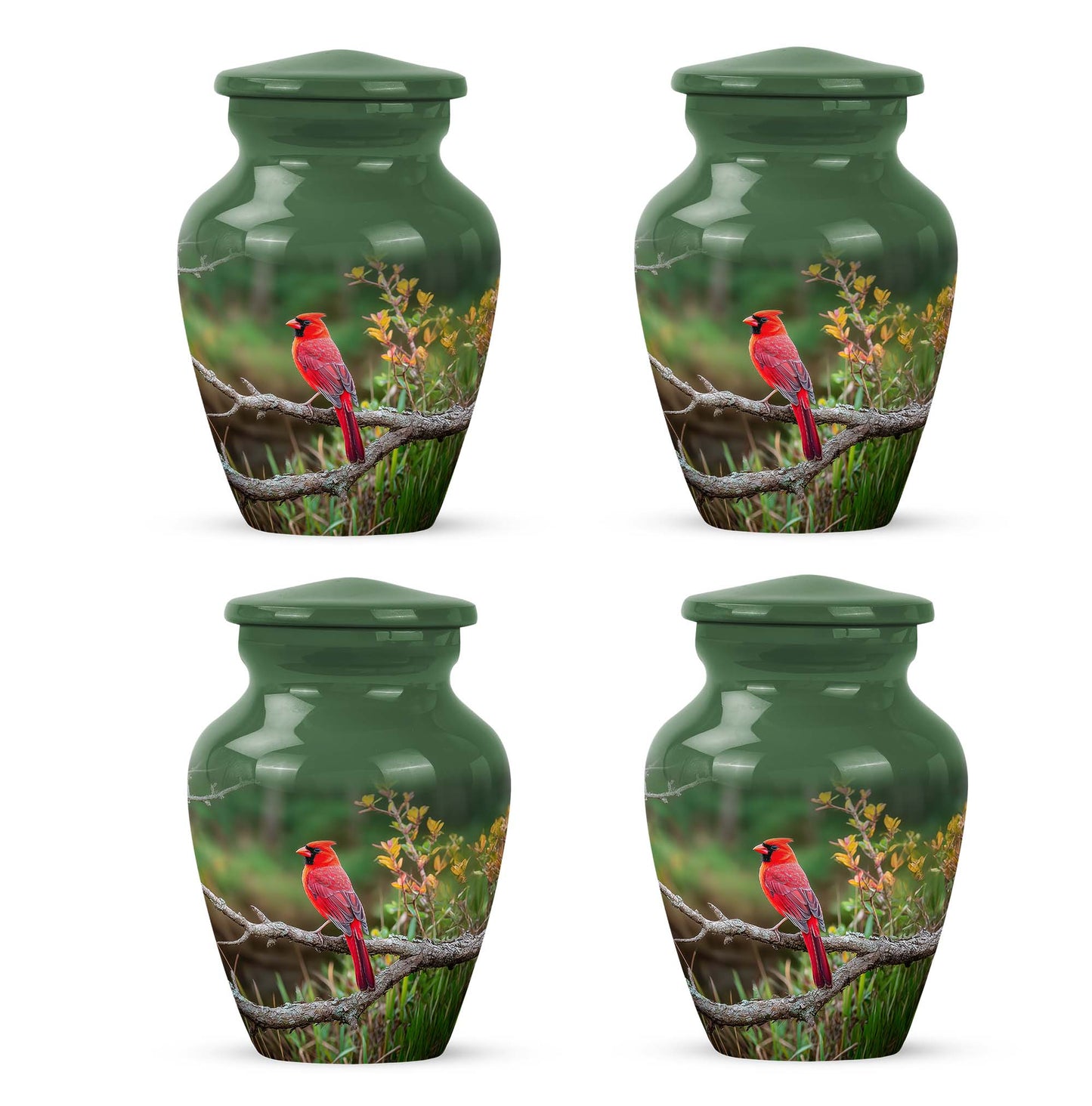 Jade Green Cardinal Cremation Urn side profile showing urn shape - classic sculpted cardinal pattern on smooth aluminum - 10 inch aluminum urn for cremated remains