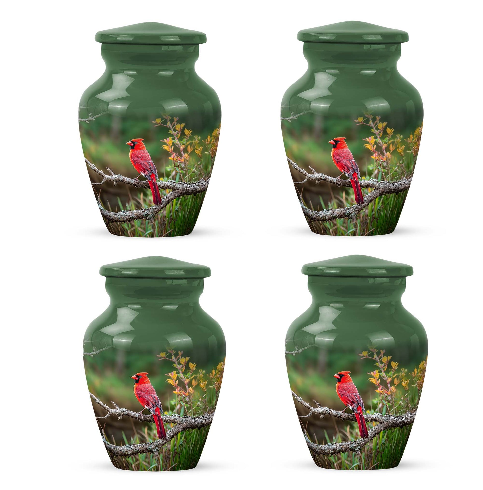 Jade Green Cardinal Cremation Urn side profile showing urn shape - classic sculpted cardinal pattern on smooth aluminum - 10 inch aluminum urn for cremated remains