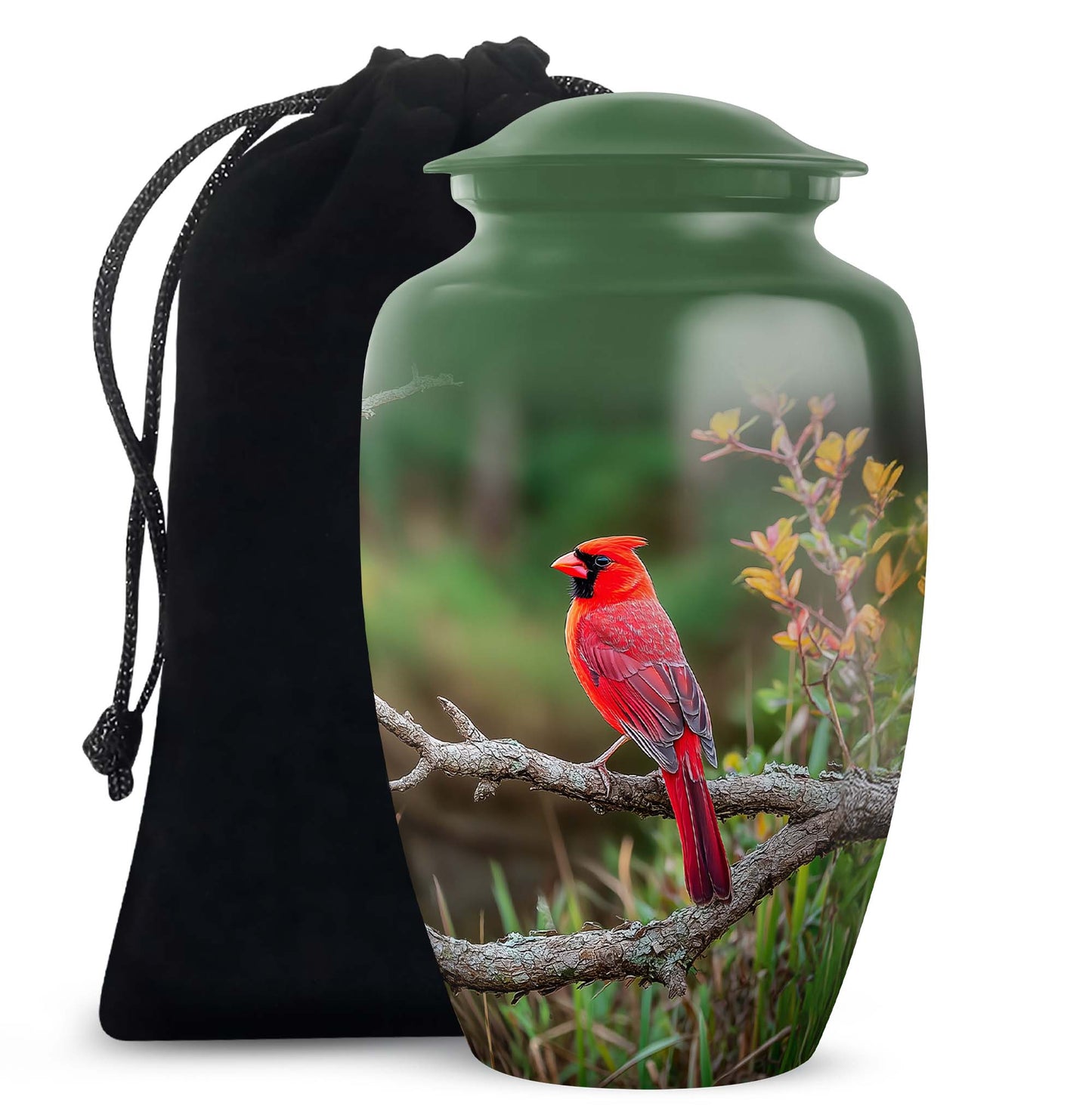 Pine Green Cardinal Cremation Urn angled view of lid and engraved motif - traditional cardinal engraving with hand-polished finish - full-size 10 inch 200 cubic inch adult cremation urn
