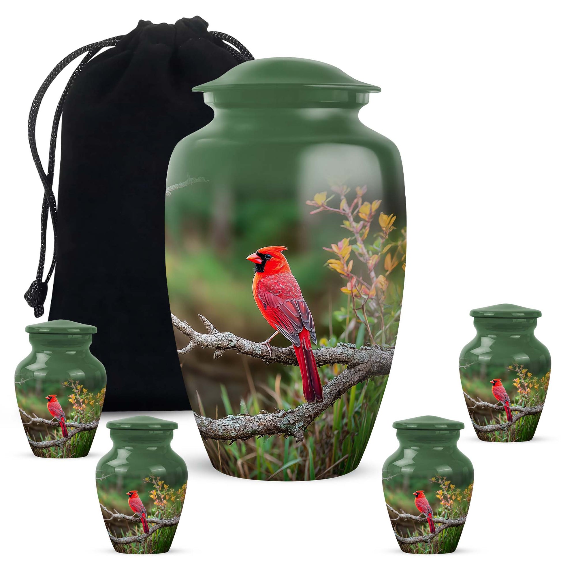 Jade Green Cardinal Cremation Urn top-down view of secure threaded lid - classic sculpted cardinal pattern on smooth aluminum - memorial set with one large and four small urns