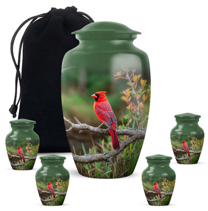 Jade Green Cardinal Cremation Urn top-down view of secure threaded lid - classic sculpted cardinal pattern on smooth aluminum - memorial set with one large and four small urns