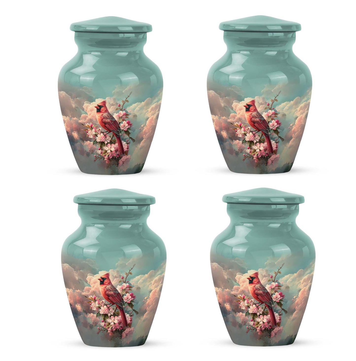 Sea Green Teal Cardinal Cremation Urn side profile showing urn shape - classic sculpted cardinal pattern on smooth aluminum - 10 inch aluminum urn for cremated remains