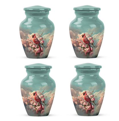 Sea Green Teal Cardinal Cremation Urn side profile showing urn shape - classic sculpted cardinal pattern on smooth aluminum - 10 inch aluminum urn for cremated remains