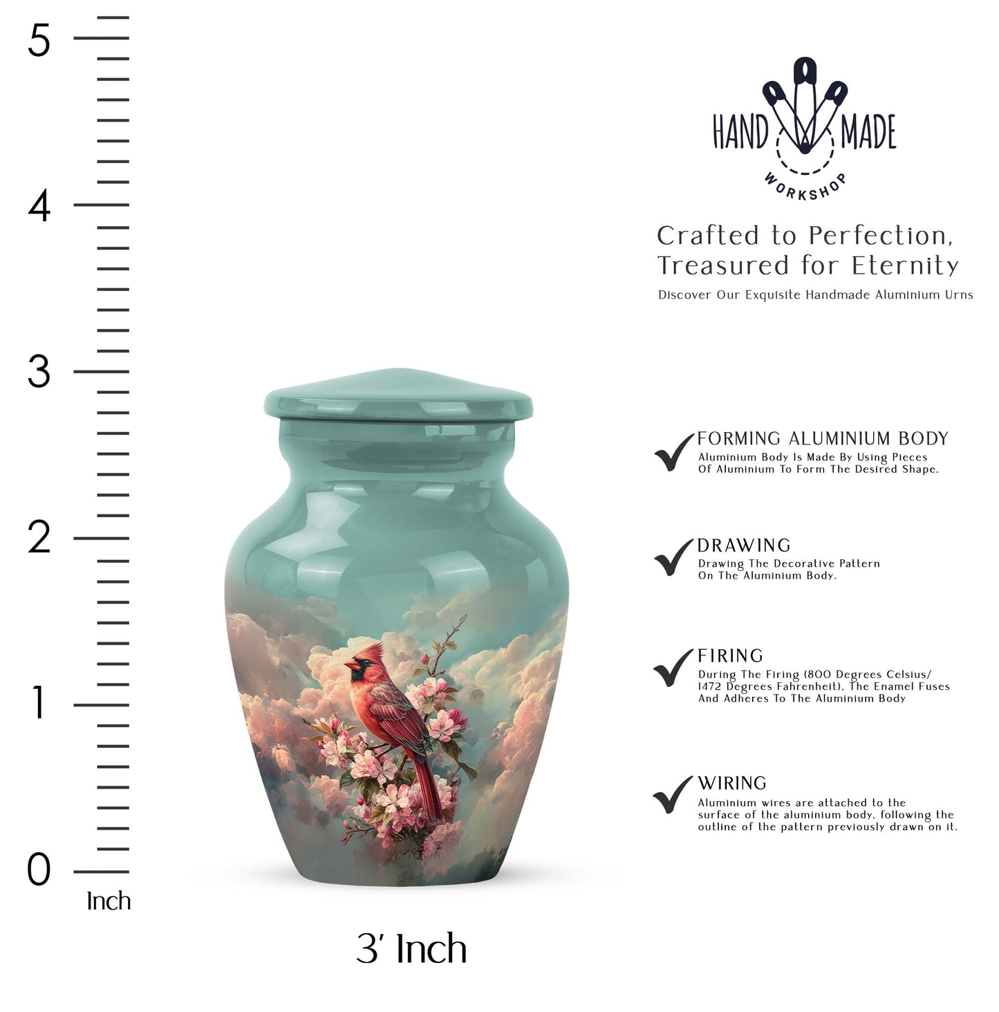 Tropical Teal Cardinal Cremation Urn close-up of engraving and surface detail - elegant classic cardinal relief with fine detailing - mini keepsake memorial for portion of cremation ashes