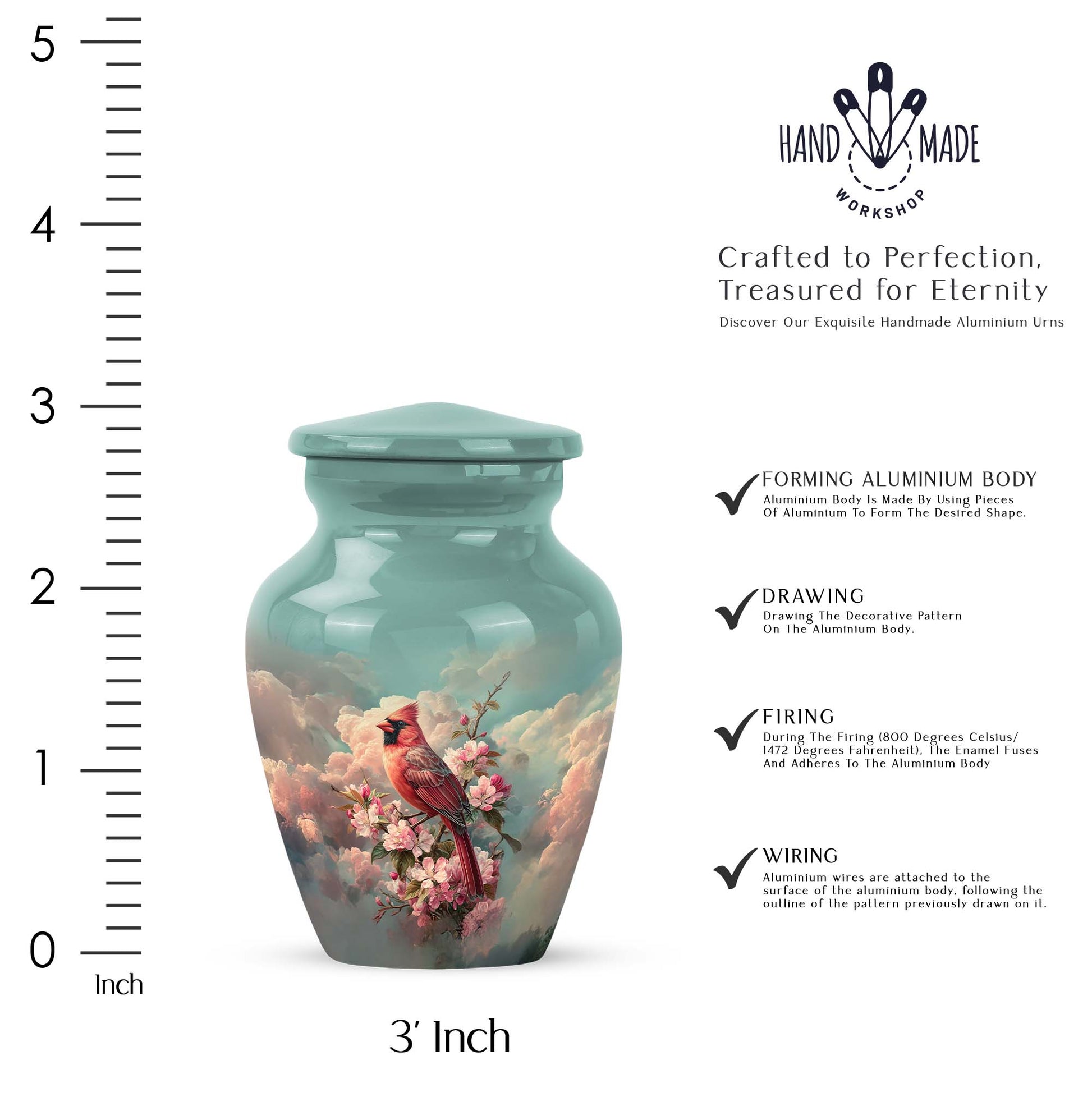 Tropical Teal Cardinal Cremation Urn close-up of engraving and surface detail - elegant classic cardinal relief with fine detailing - mini keepsake memorial for portion of cremation ashes
