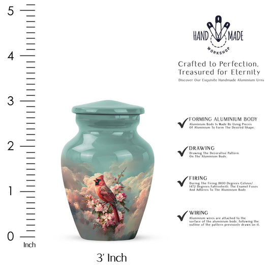 Tropical Teal Cardinal Cremation Urn close-up of engraving and surface detail - elegant classic cardinal relief with fine detailing - mini keepsake memorial for portion of cremation ashes