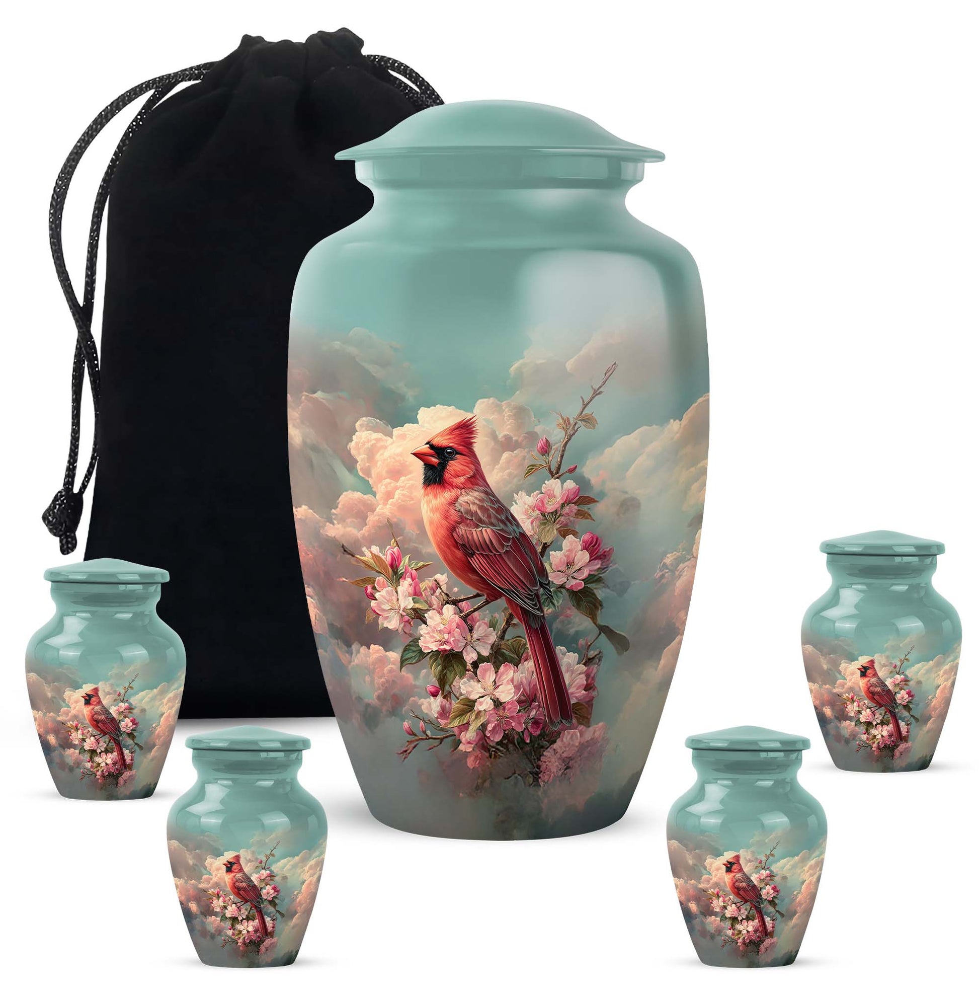 Mystic Teal Cardinal Cremation Urn top-down view of secure threaded lid - traditional cardinal engraving with hand-polished finish - memorial set with one large and four small urns