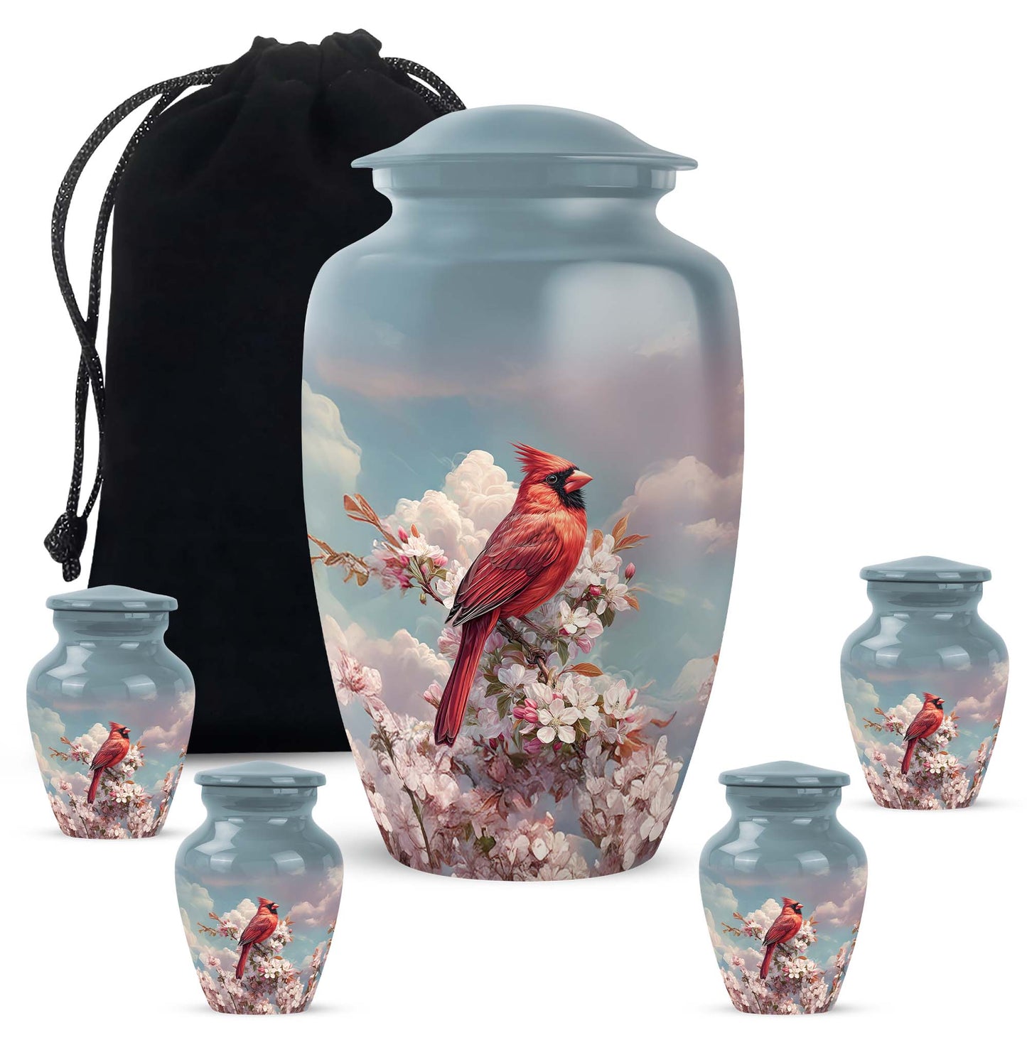 Powder Blue Cardinal Cremation Urn top-down view of secure threaded lid - timeless cardinal motif etched into premium metal - memorial set with one large and four small urns