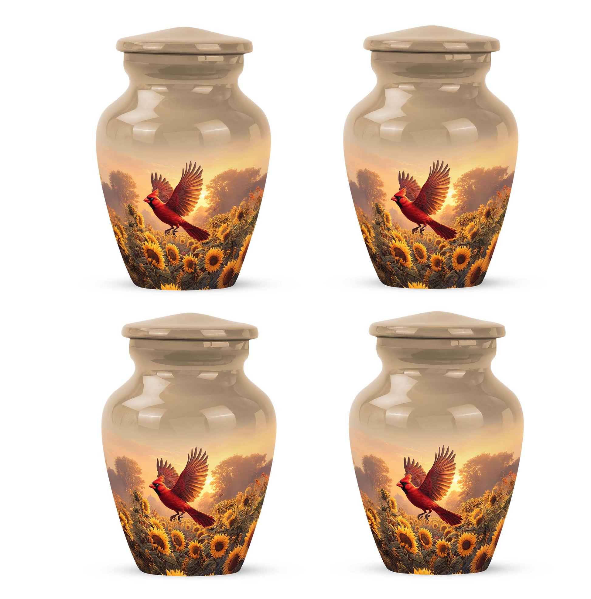 Sunrise Gold Cardinal Cremation Urn side profile showing urn shape - timeless cardinal motif etched into premium metal - 10 inch aluminum urn for cremated remains