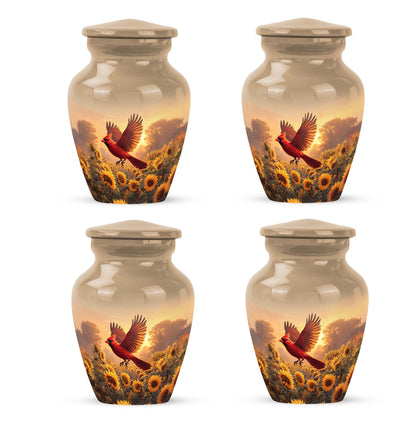 Sunrise Gold Cardinal Cremation Urn side profile showing urn shape - timeless cardinal motif etched into premium metal - 10 inch aluminum urn for cremated remains