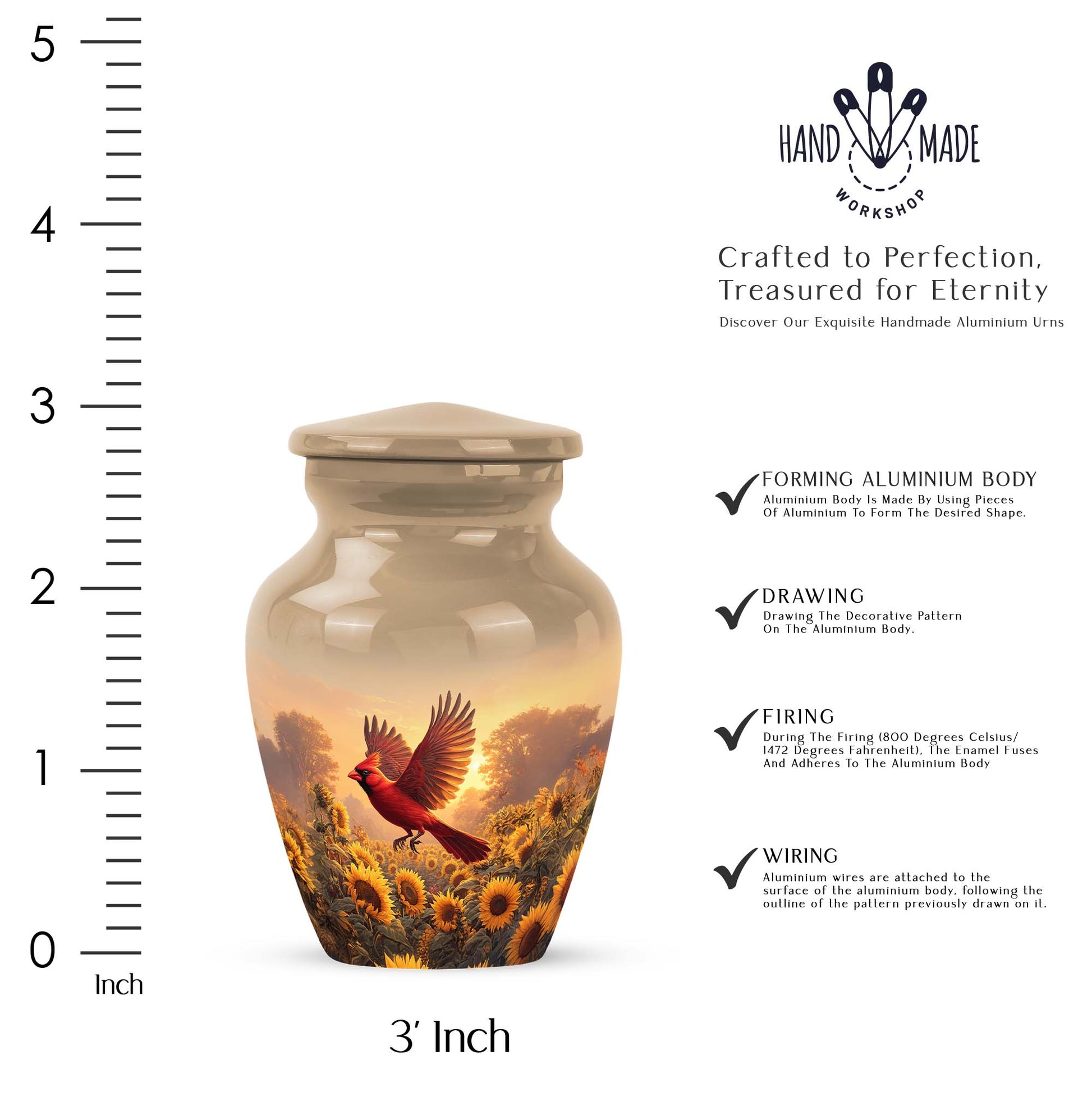 Harvest Gold Cardinal Cremation Urn close-up of engraving and surface detail - traditional cardinal engraving with hand-polished finish - mini keepsake memorial for portion of cremation ashes