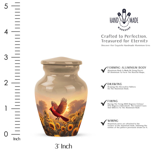 Harvest Gold Cardinal Cremation Urn close-up of engraving and surface detail - traditional cardinal engraving with hand-polished finish - mini keepsake memorial for portion of cremation ashes