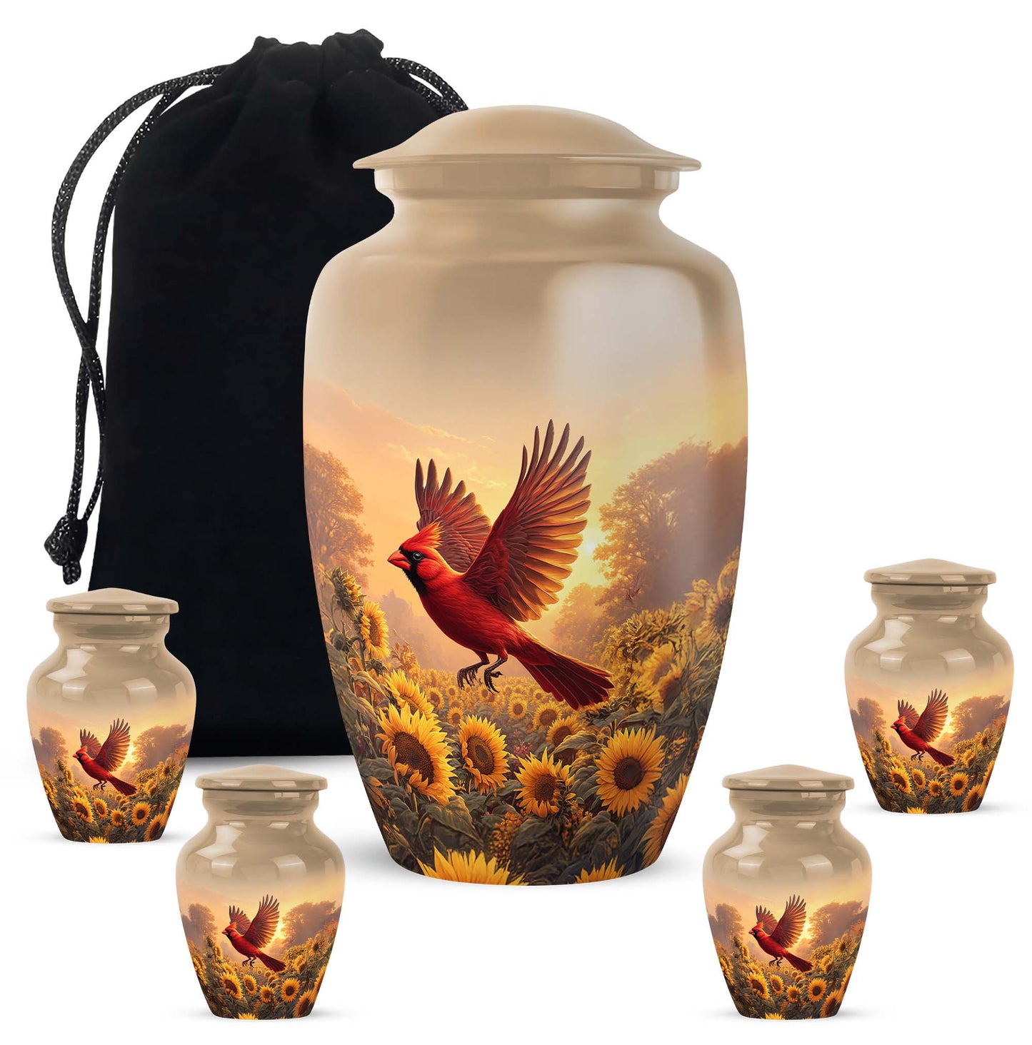 Royal Gold Cardinal Cremation Urn top-down view of secure threaded lid - traditional cardinal engraving with hand-polished finish - memorial set with one large and four small urns