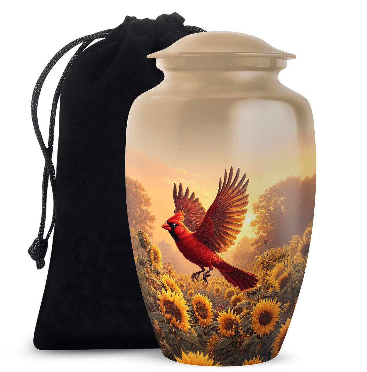 Amber Gold Cardinal Cremation Urn angled view of lid and engraved motif - classic sculpted cardinal pattern on smooth aluminum - full-size 10 inch 200 cubic inch adult cremation urn