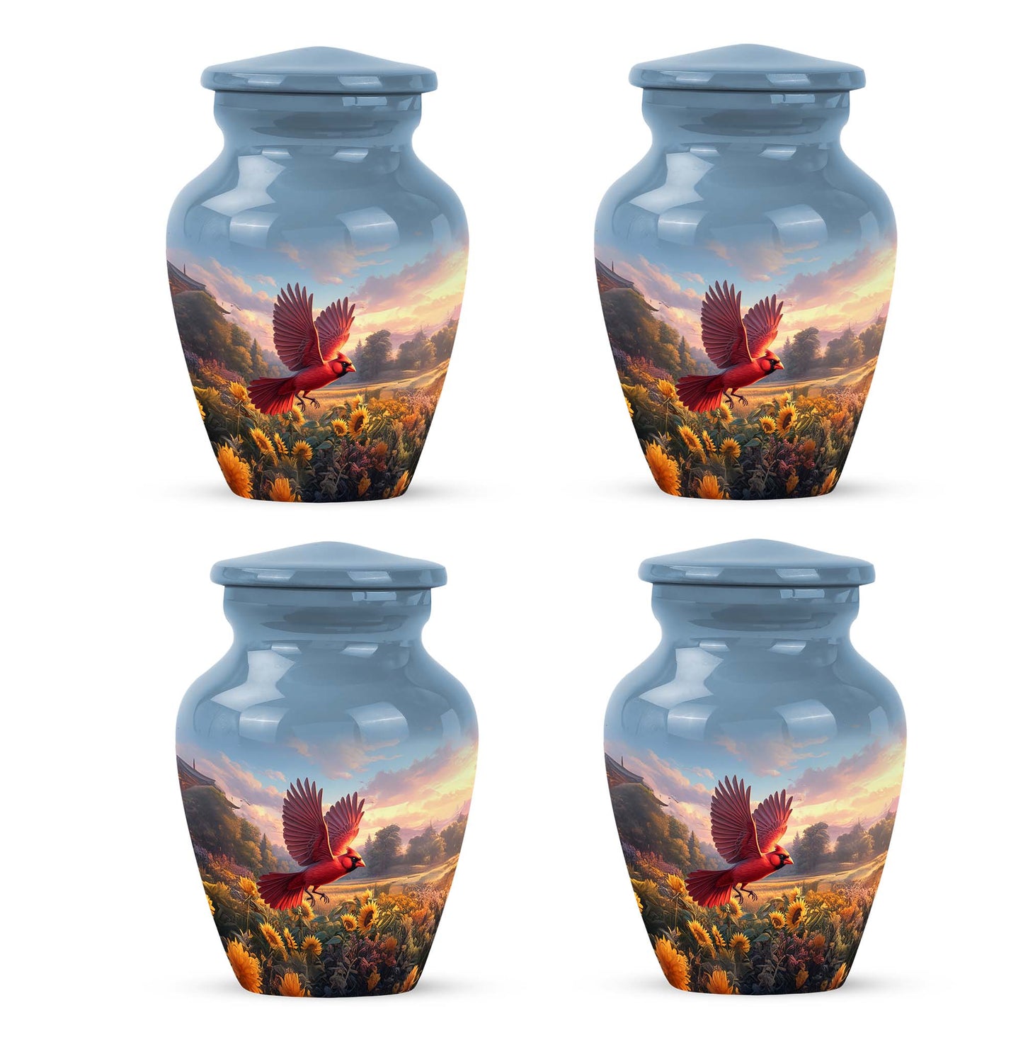 Pastel Blue Cardinal Cremation Urn side profile showing urn shape - classic sculpted cardinal pattern on smooth aluminum - 10 inch aluminum urn for cremated remains