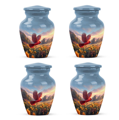 Pastel Blue Cardinal Cremation Urn side profile showing urn shape - classic sculpted cardinal pattern on smooth aluminum - 10 inch aluminum urn for cremated remains