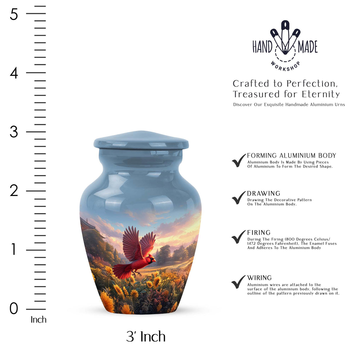 Powder Blue Cardinal Cremation Urn close-up of engraving and surface detail - classic sculpted cardinal pattern on smooth aluminum - mini keepsake memorial for portion of cremation ashes