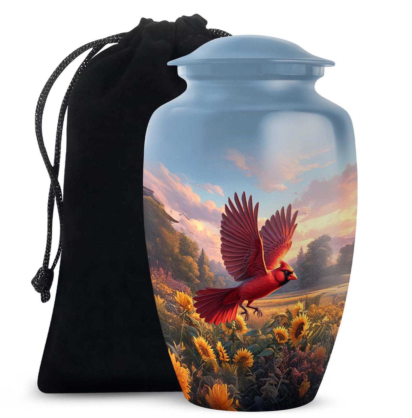 Azure Cardinal Cremation Urn angled view of lid and engraved motif - classic sculpted cardinal pattern on smooth aluminum - full-size 10 inch 200 cubic inch adult cremation urn