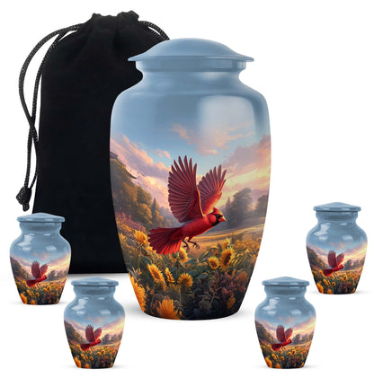 Soft Blue Cardinal Cremation Urn top-down view of secure threaded lid - traditional cardinal engraving with hand-polished finish - memorial set with one large and four small urns