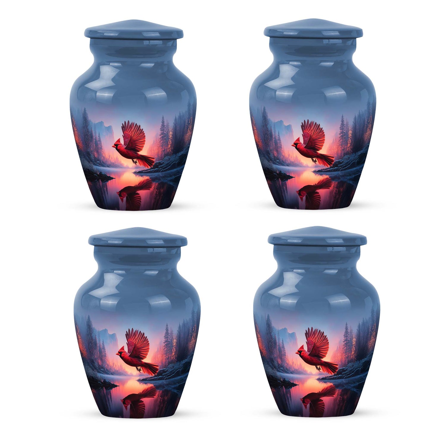 Celestial Blue Cardinal Cremation Urn side profile showing urn shape - classic sculpted cardinal pattern on smooth aluminum - 10 inch aluminum urn for cremated remains