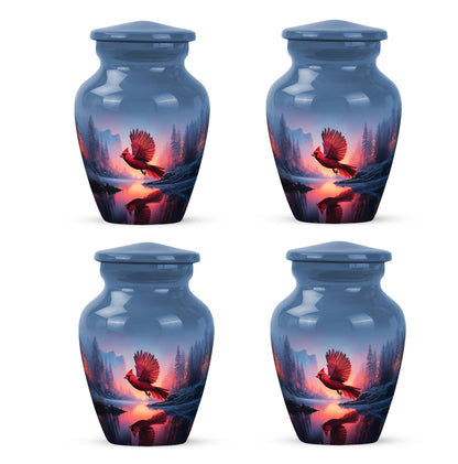Celestial Blue Cardinal Cremation Urn side profile showing urn shape - classic sculpted cardinal pattern on smooth aluminum - 10 inch aluminum urn for cremated remains