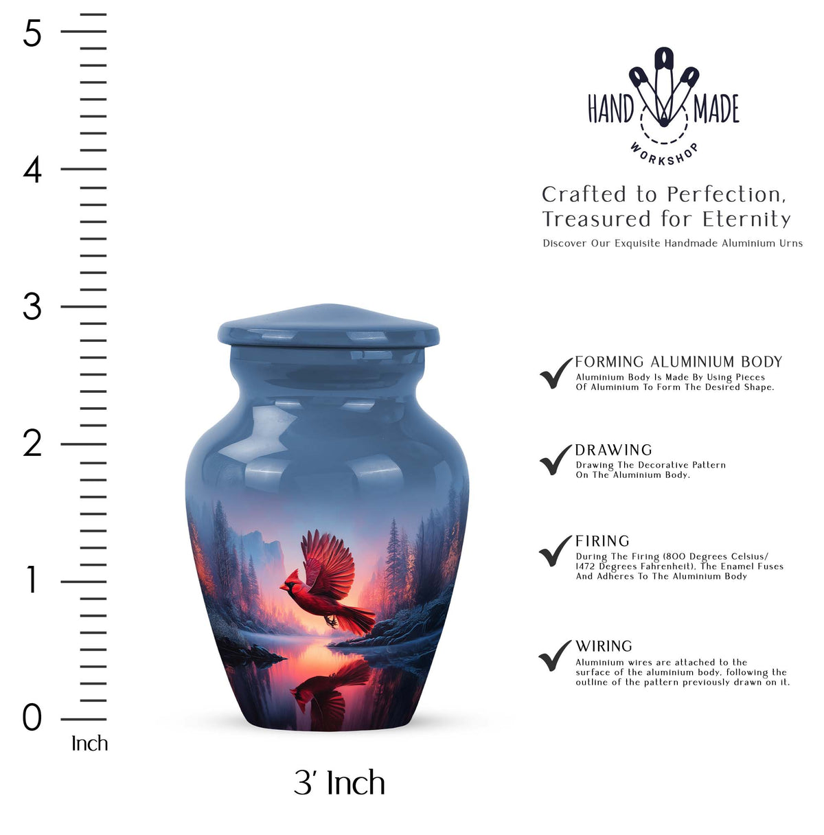 Dusty Blue Cardinal Cremation Urn close-up of engraving and surface detail - classic sculpted cardinal pattern on smooth aluminum - mini keepsake memorial for portion of cremation ashes