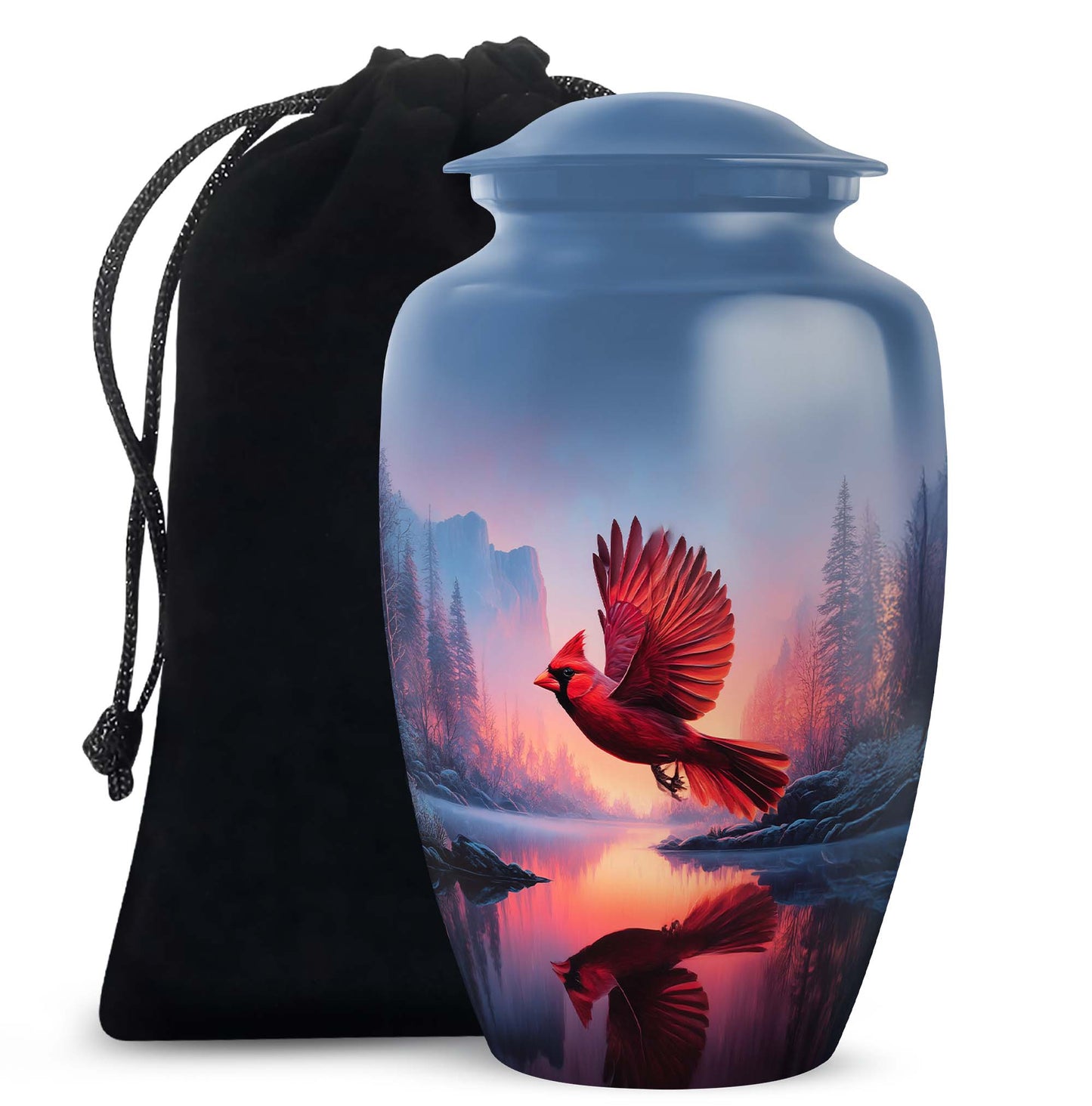 Serene Blue Cardinal Cremation Urn angled view of lid and engraved motif - elegant classic cardinal relief with fine detailing - full-size 10 inch 200 cubic inch adult cremation urn