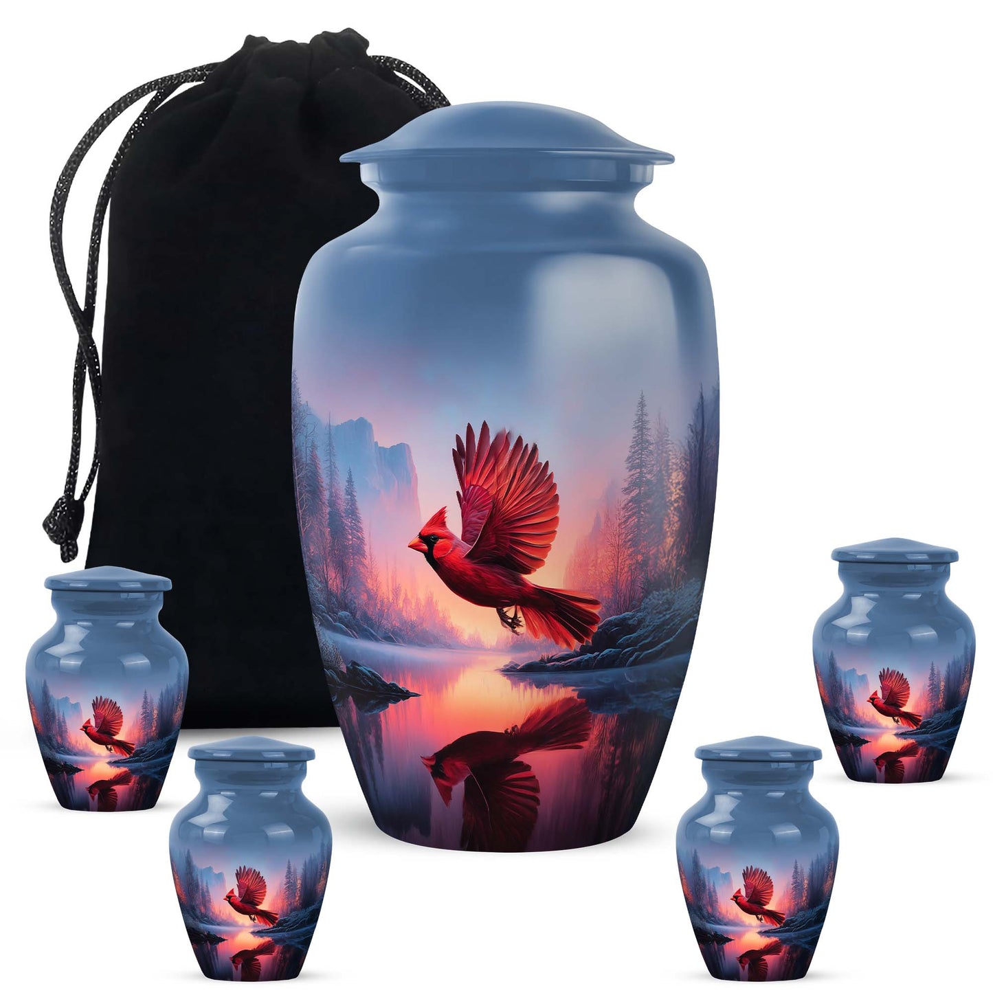 Steel Blue Cardinal Cremation Urn top-down view of secure threaded lid - elegant classic cardinal relief with fine detailing - memorial set with one large and four small urns