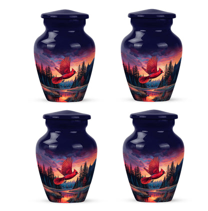 Calming Blue Cardinal Cremation Urn side profile showing urn shape - traditional cardinal engraving with hand-polished finish - 10 inch aluminum urn for cremated remains