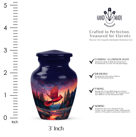 Sky Blue Cardinal Cremation Urn close-up of engraving and surface detail - timeless cardinal motif etched into premium metal - mini keepsake memorial for portion of cremation ashes