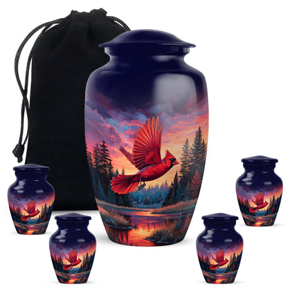 Twilight Blue Cardinal Cremation Urn top-down view of secure threaded lid - elegant classic cardinal relief with fine detailing - memorial set with one large and four small urns