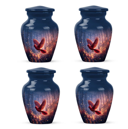 Bright Blue Cardinal Cremation Urn side profile showing urn shape - elegant classic cardinal relief with fine detailing - 10 inch aluminum urn for cremated remains