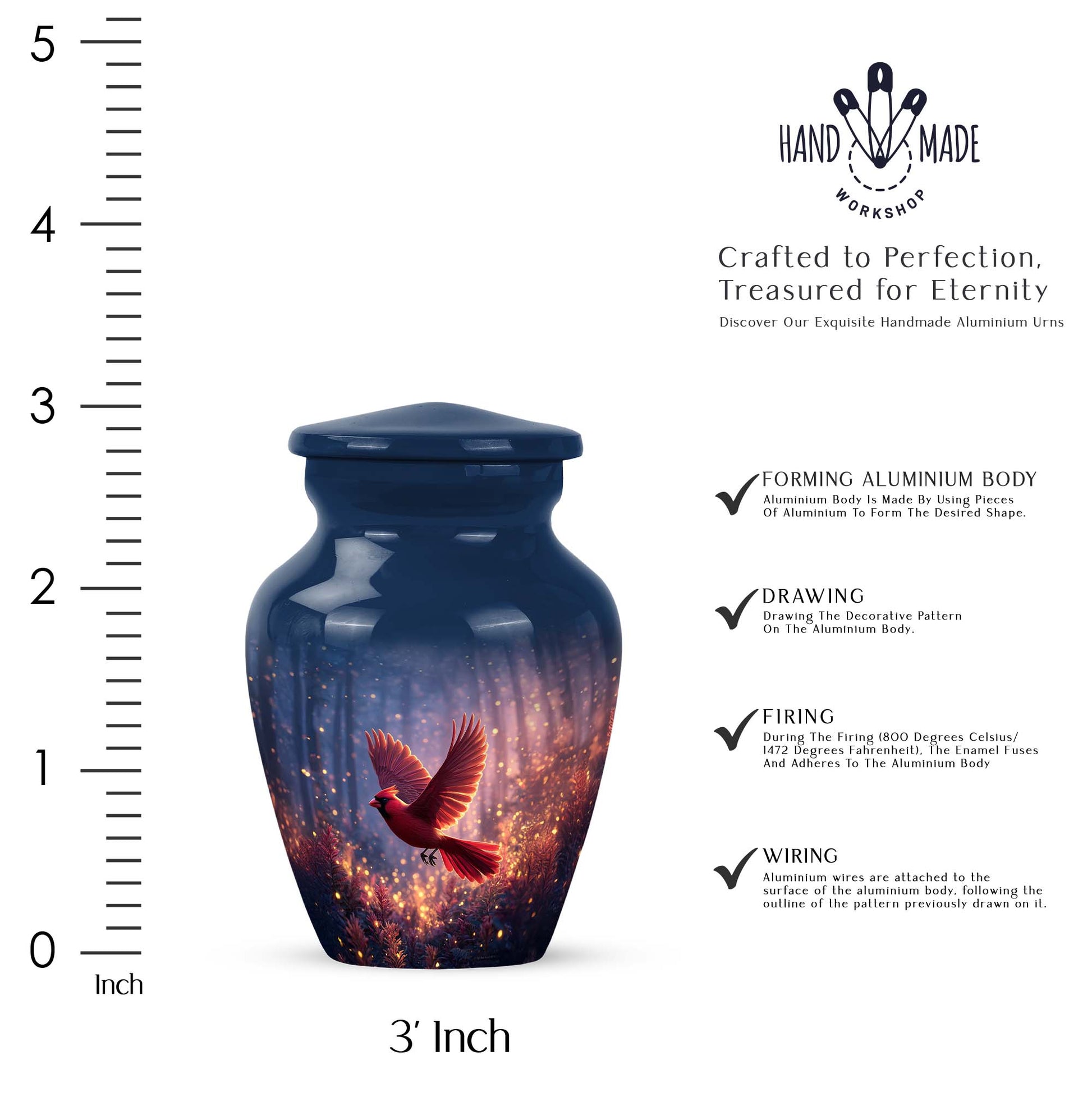 Calming Blue Cardinal Cremation Urn close-up of engraving and surface detail - elegant classic cardinal relief with fine detailing - mini keepsake memorial for portion of cremation ashes