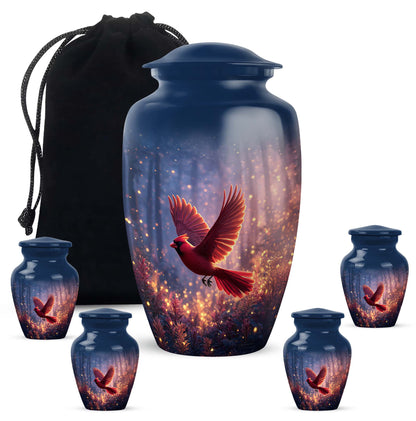 Pastel Blue Cardinal Cremation Urn top-down view of secure threaded lid - timeless cardinal motif etched into premium metal - memorial set with one large and four small urns