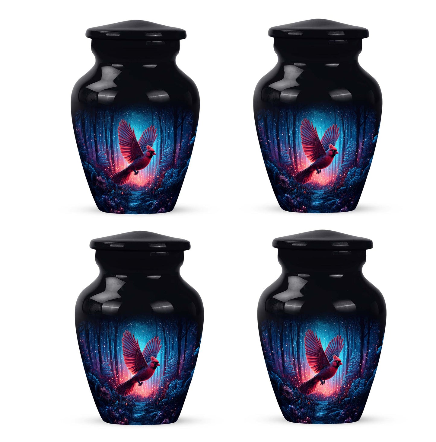Dark Black Cardinal Cremation Urn side profile showing urn shape - elegant classic cardinal relief with fine detailing - 10 inch aluminum urn for cremated remains